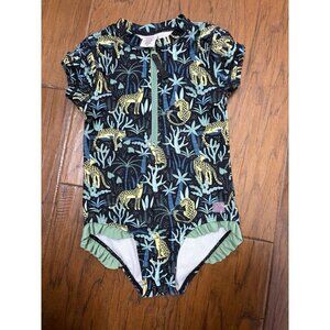Girls Ruffle Butts Swimsuit Size 4T Leopards Black Funky Green Zip Front Easy